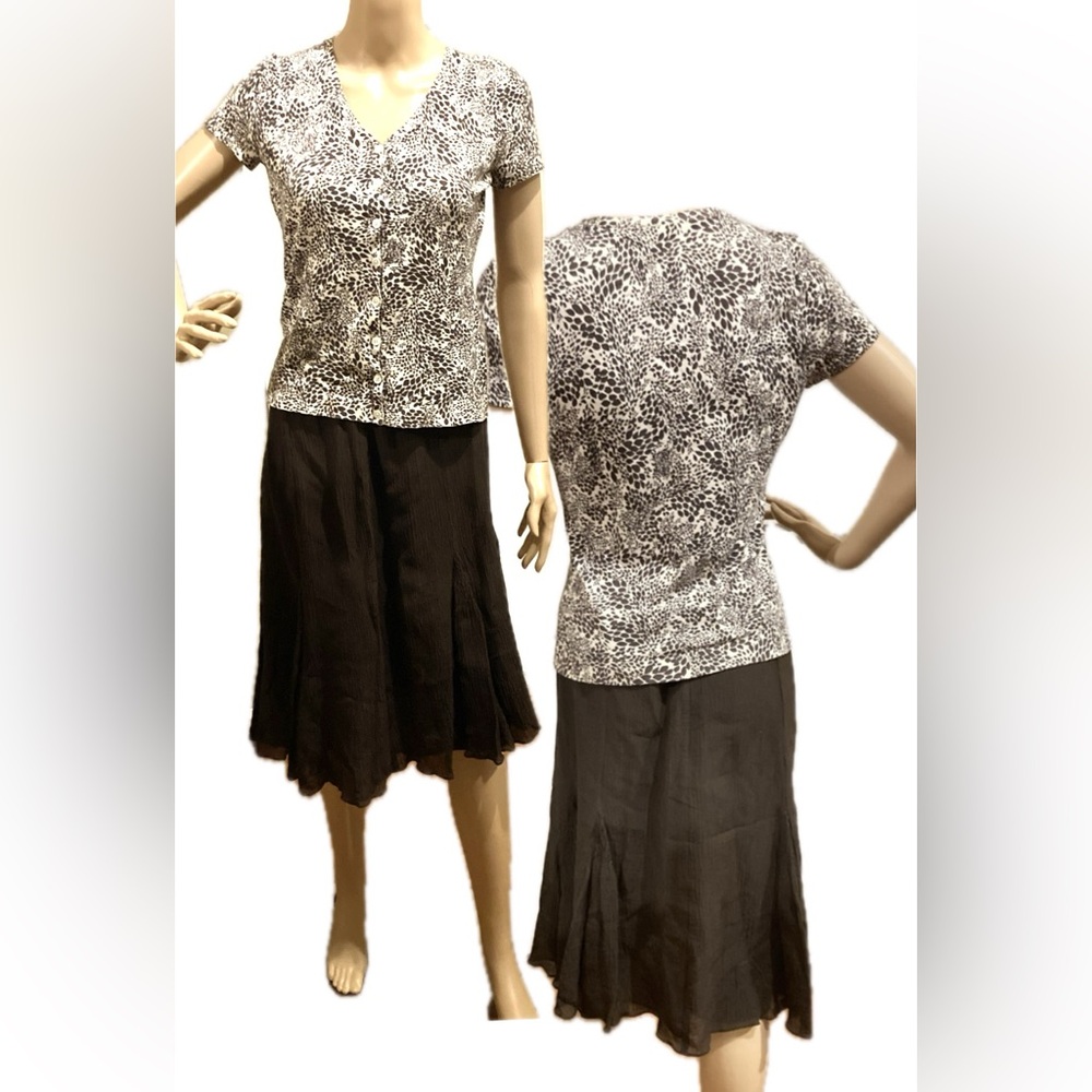 Ann Taylor Brown/Cream Sweater with Brown Linen Skirt Complete Outfit